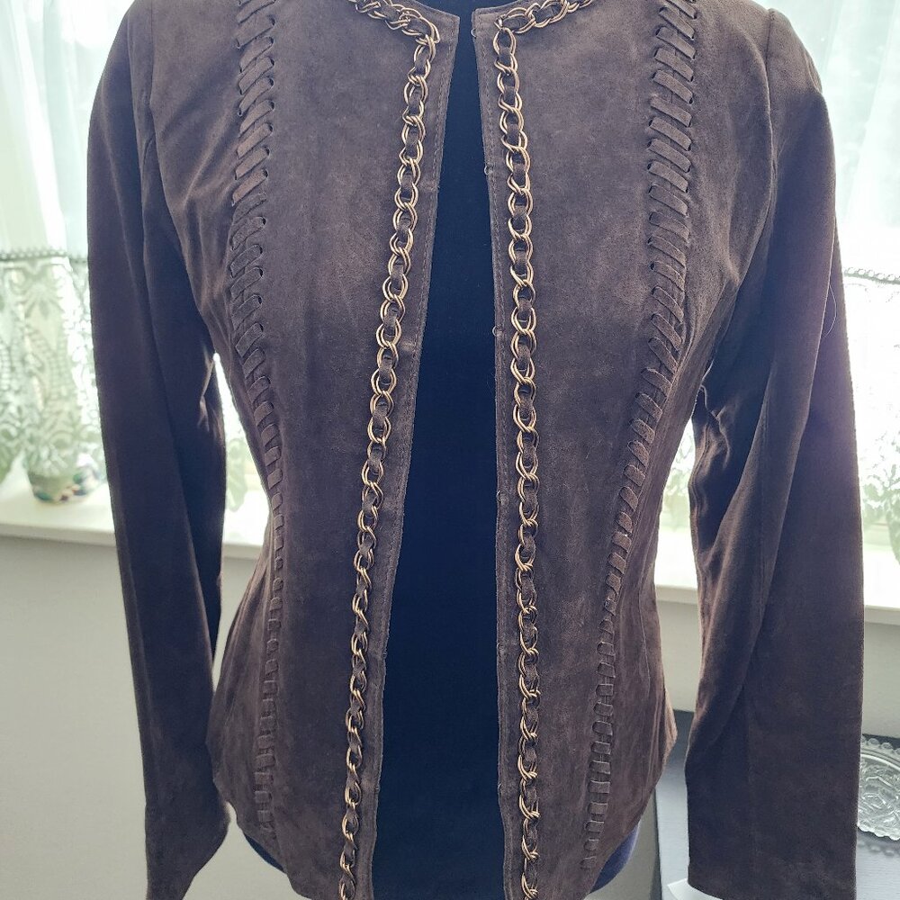 Hal Rubenstein Brown Suede Jacket w/ Chain Accent, Whipstitching women's size XS